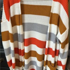Cozy Striped Cardigan in Orange, Gray, and Cream